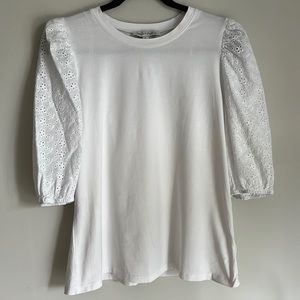 Eyelet Puff Sleeve Top White Crewneck Large Half Sleeve Preppy Bridal Coastal